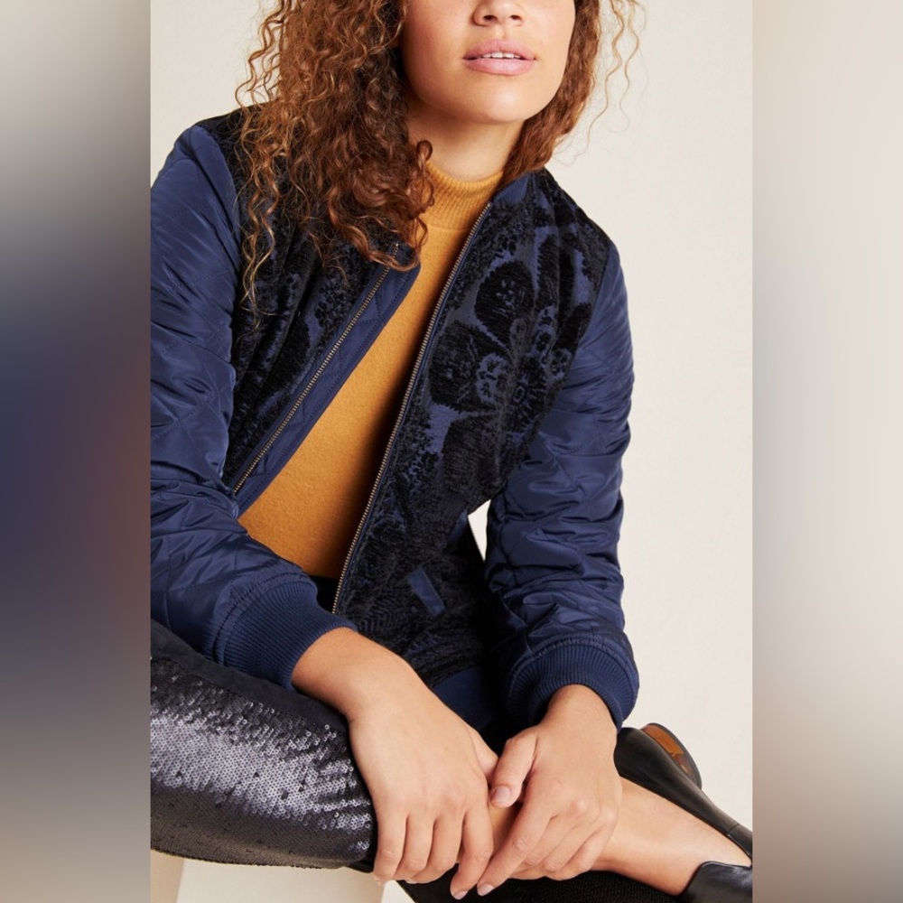 NWT Anthropologie bomber xs Clemence quilted warm lace pattern velvet dark navy